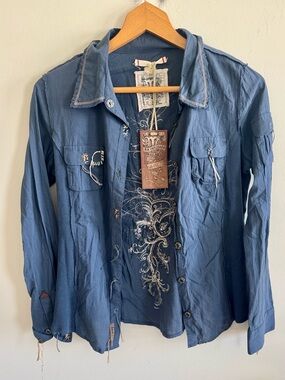 Vintage Y2K deadstock Miss Me distressed beaded rocker button down top size XL